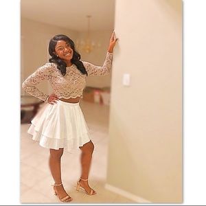 2 Piece Set w/ a Satin skirt and L/S Lace top.